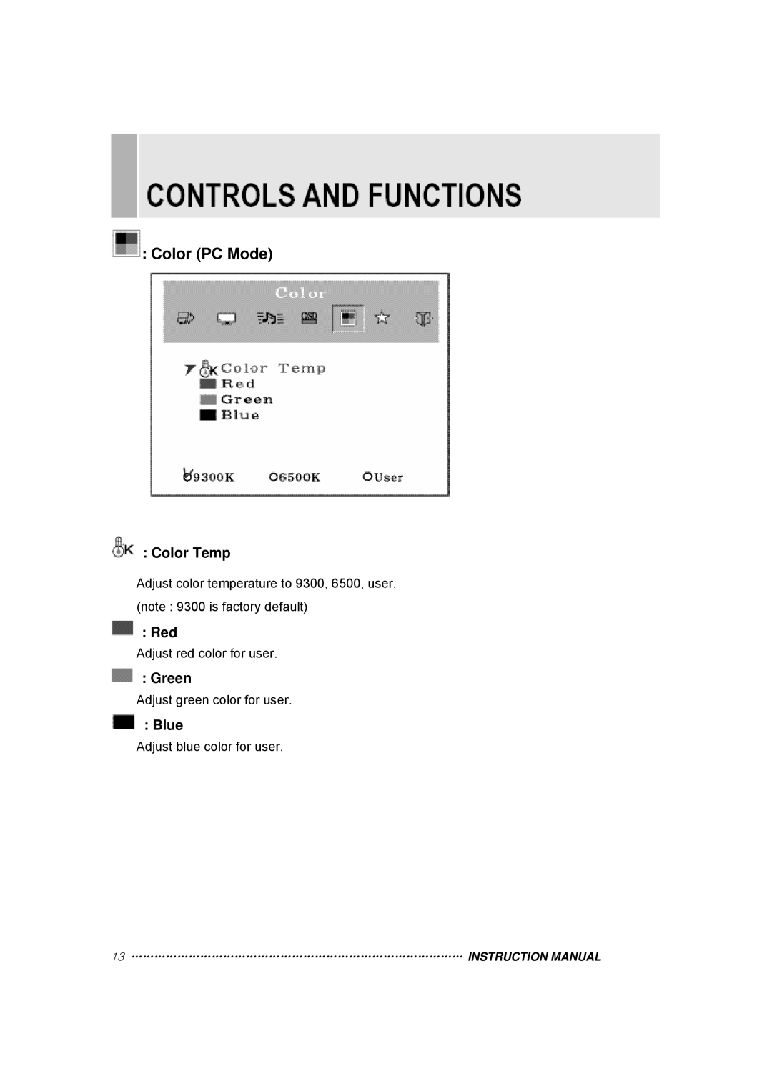 TOA Electronics 15RTV instruction manual Color PC Mode 