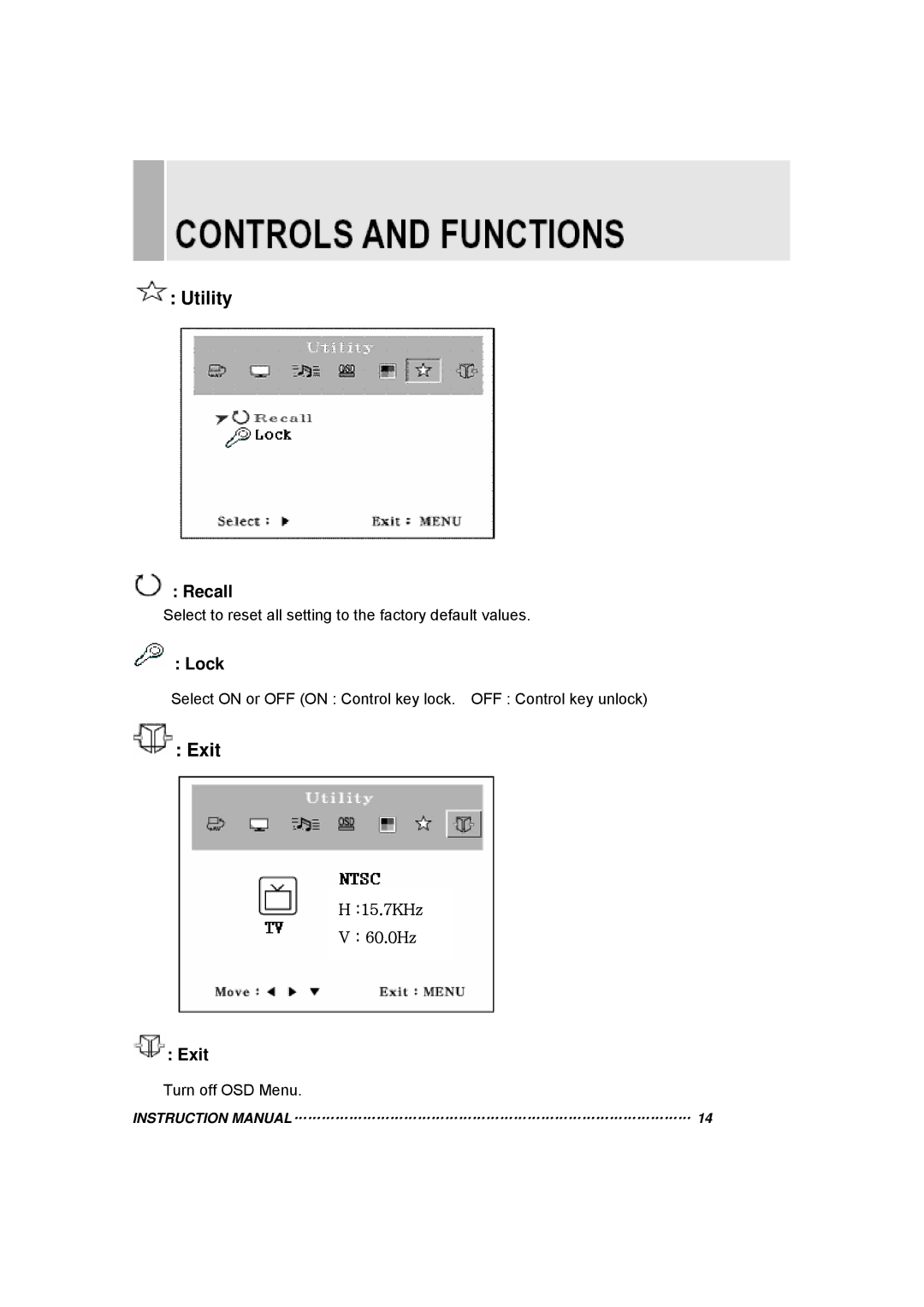 TOA Electronics 15RTV instruction manual Utility, Exit 