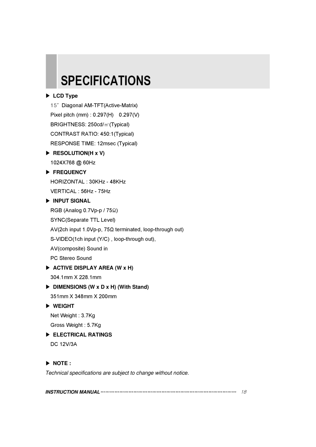 TOA Electronics 15RTV instruction manual Frequency, Input Signal, Weight, Electrical Ratings DC 12V/3A 