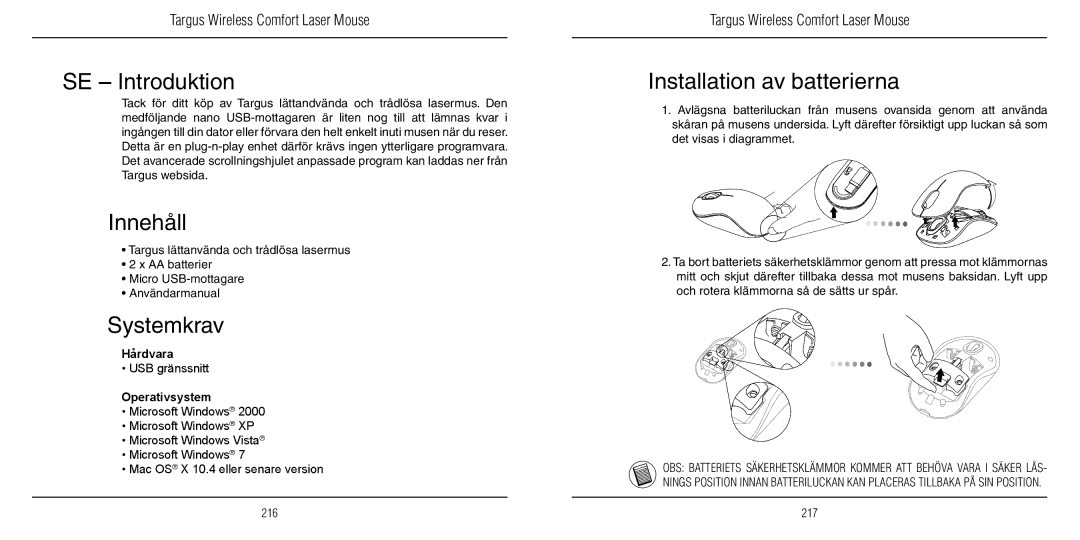 TOA Electronics 410-1689-203A/AMW51EU SE Introduktion, Innehåll, Installation av batterierna, Hårdvara, Operativsystem 