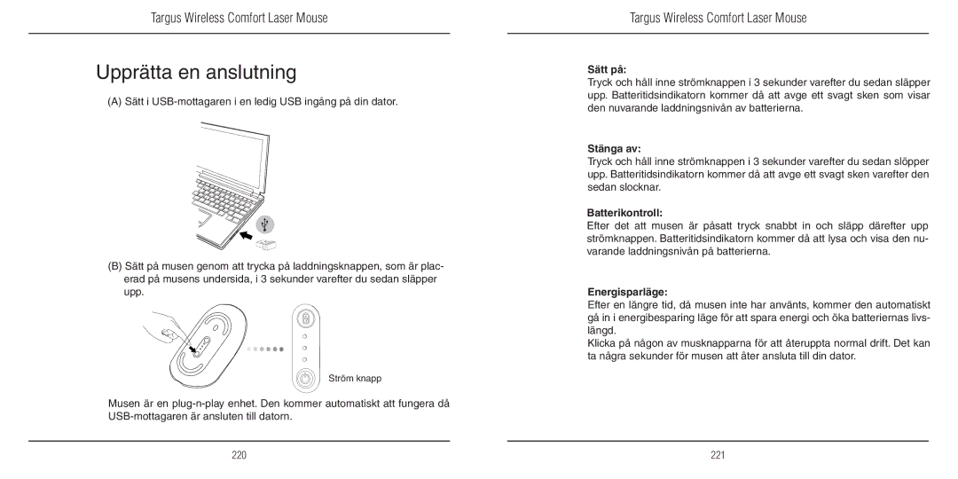 TOA Electronics 410-1689-203A/AMW51EU manual Upprätta en anslutning, Sätt på, Stänga av, Batterikontroll, Energisparläge 