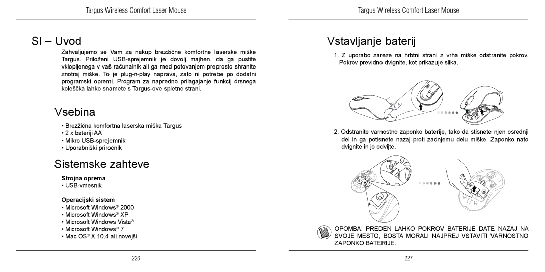 TOA Electronics 410-1689-203A/AMW51EU manual SI Uvod, Vsebina, Sistemske zahteve, Vstavljanje baterij 