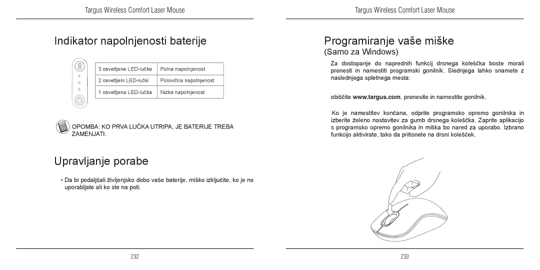 TOA Electronics 410-1689-203A/AMW51EU manual Indikator napolnjenosti baterije, Upravljanje porabe, Programiranje vaše miške 