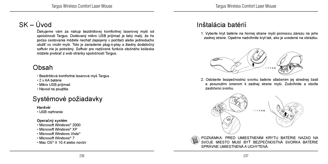 TOA Electronics 410-1689-203A/AMW51EU manual SK Úvod, Systémové požiadavky, Inštalácia batérií, Hardvér, Operačný systém 