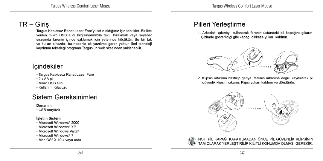 TOA Electronics 410-1689-203A/AMW51EU manual TR Giriş, İçindekiler, Sistem Gereksinimleri, Pilleri Yerleştirme 