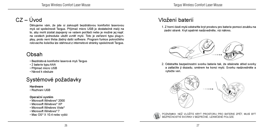 TOA Electronics 410-1689-203A/AMW51EU manual CZ Úvod, Obsah, Systémové požadavky, Vložení baterií 