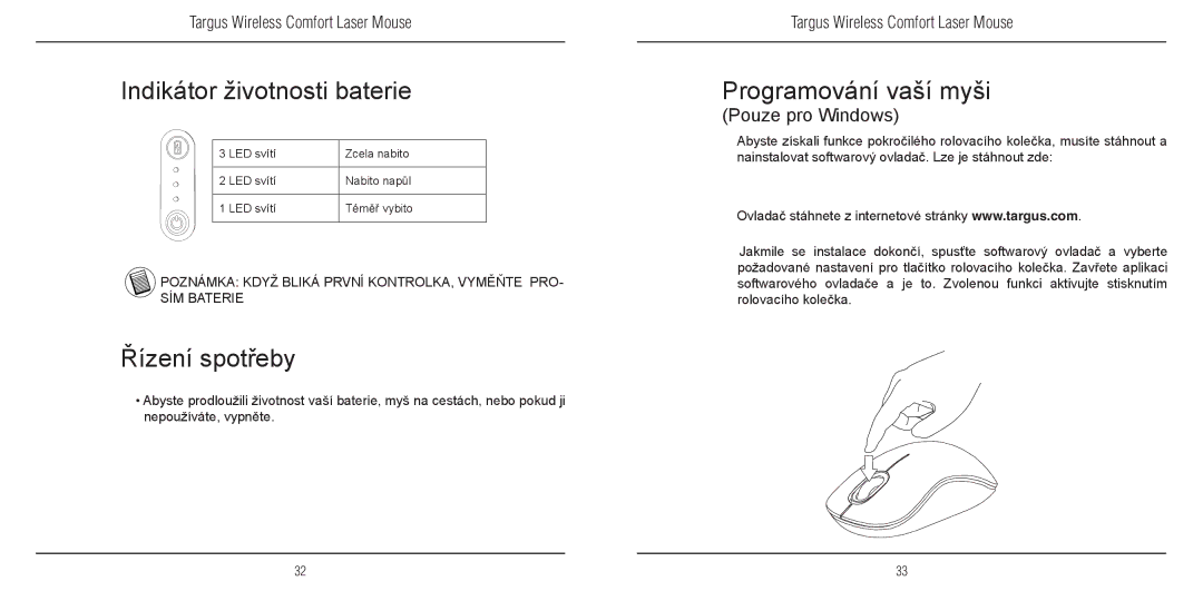 TOA Electronics 410-1689-203A/AMW51EU manual Řízení spotřeby, Programování vaší myši, Pouze pro Windows 