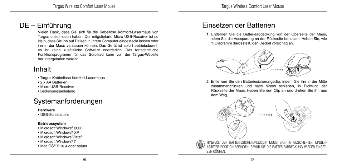 TOA Electronics 410-1689-203A/AMW51EU DE Einführung, Inhalt, Systemanforderungen, Einsetzen der Batterien, Betriebssystem 