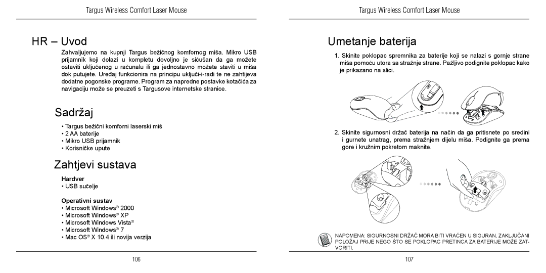 TOA Electronics 410-1689-203A/AMW51EU manual HR Uvod, Sadržaj, Zahtjevi sustava, Umetanje baterija 