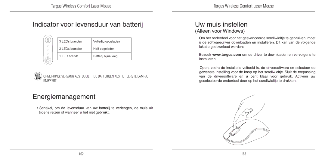 TOA Electronics 410-1689-203A/AMW51EU manual Indicator voor levensduur van batterij, Energiemanagement, Uw muis instellen 