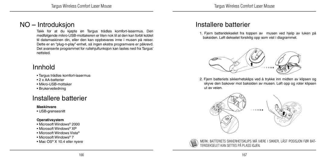 TOA Electronics 410-1689-203A/AMW51EU manual No Introduksjon, Innhold, Installere batterier, Maskinvare 