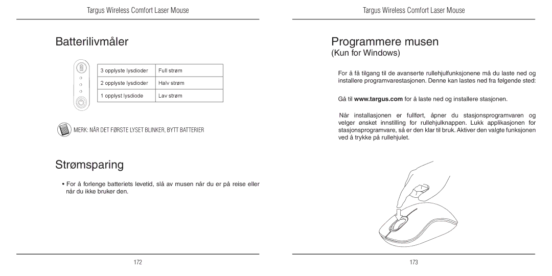 TOA Electronics 410-1689-203A/AMW51EU manual Batterilivmåler, Strømsparing, Programmere musen, Kun for Windows 