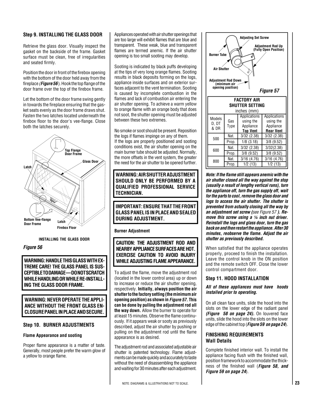 TOA Electronics 600 installation instructions Burner Adjustments, Hood Installation, Finishing Requirements, Wall Details 