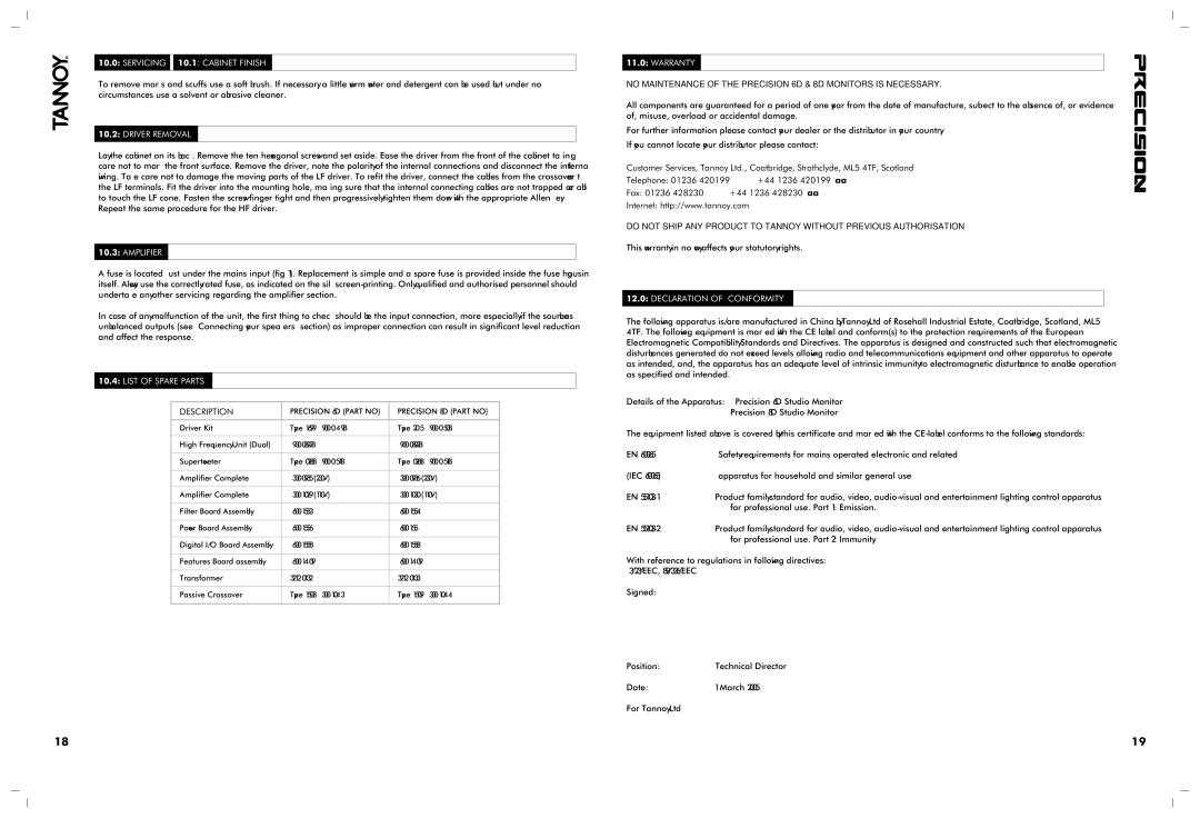 TOA Electronics 8D, 6D owner manual Servicing 10.1 Cabinet Finish, Driver Removal, Amplifier, List of Spare Parts, Warranty 