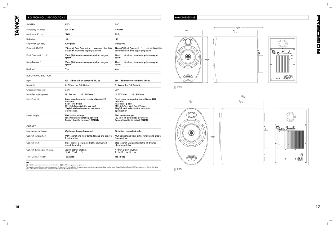 TOA Electronics 6D, 8D owner manual Technical Specifications, Dimensions 