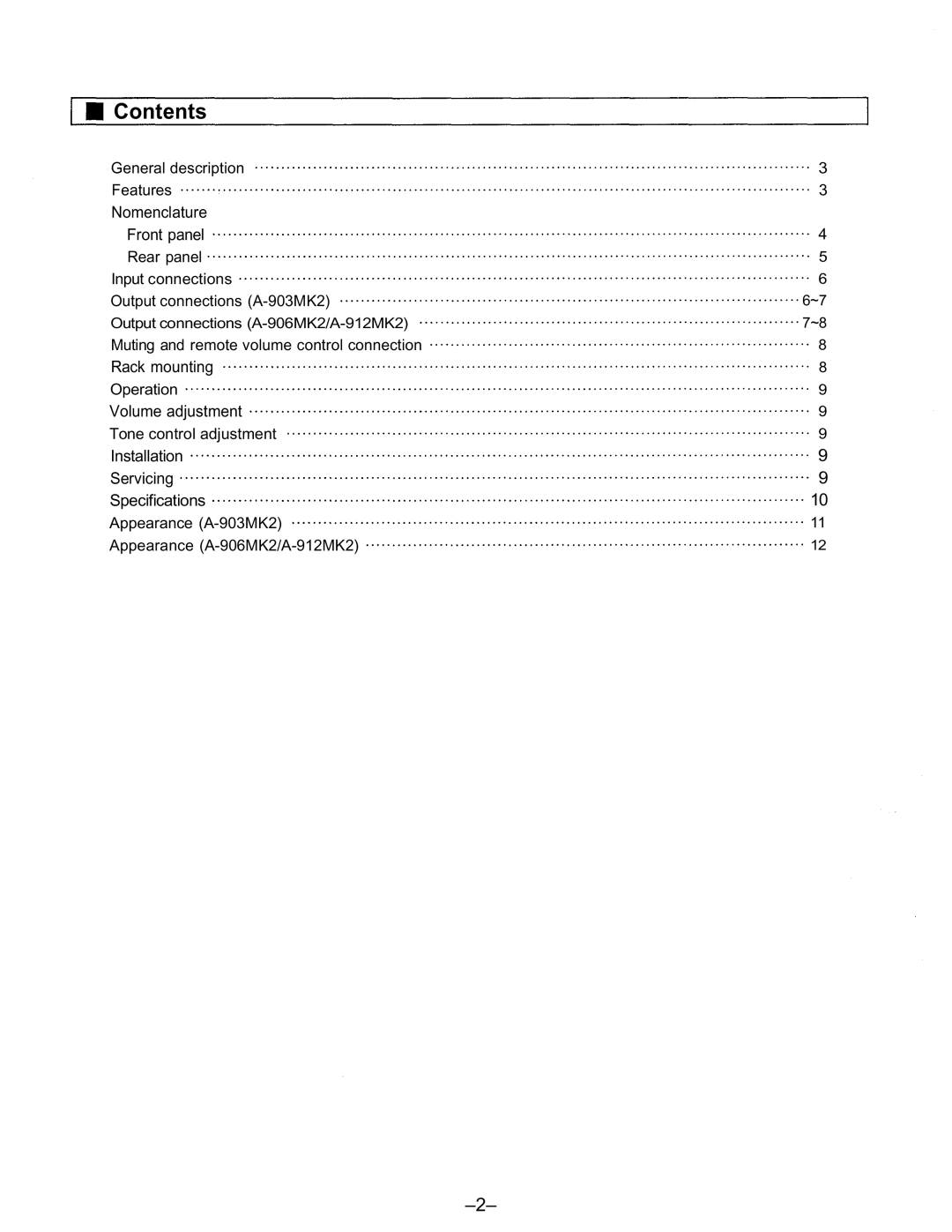 TOA Electronics A-912MK2, A-903MK2, A-906MK2 user service Contents 