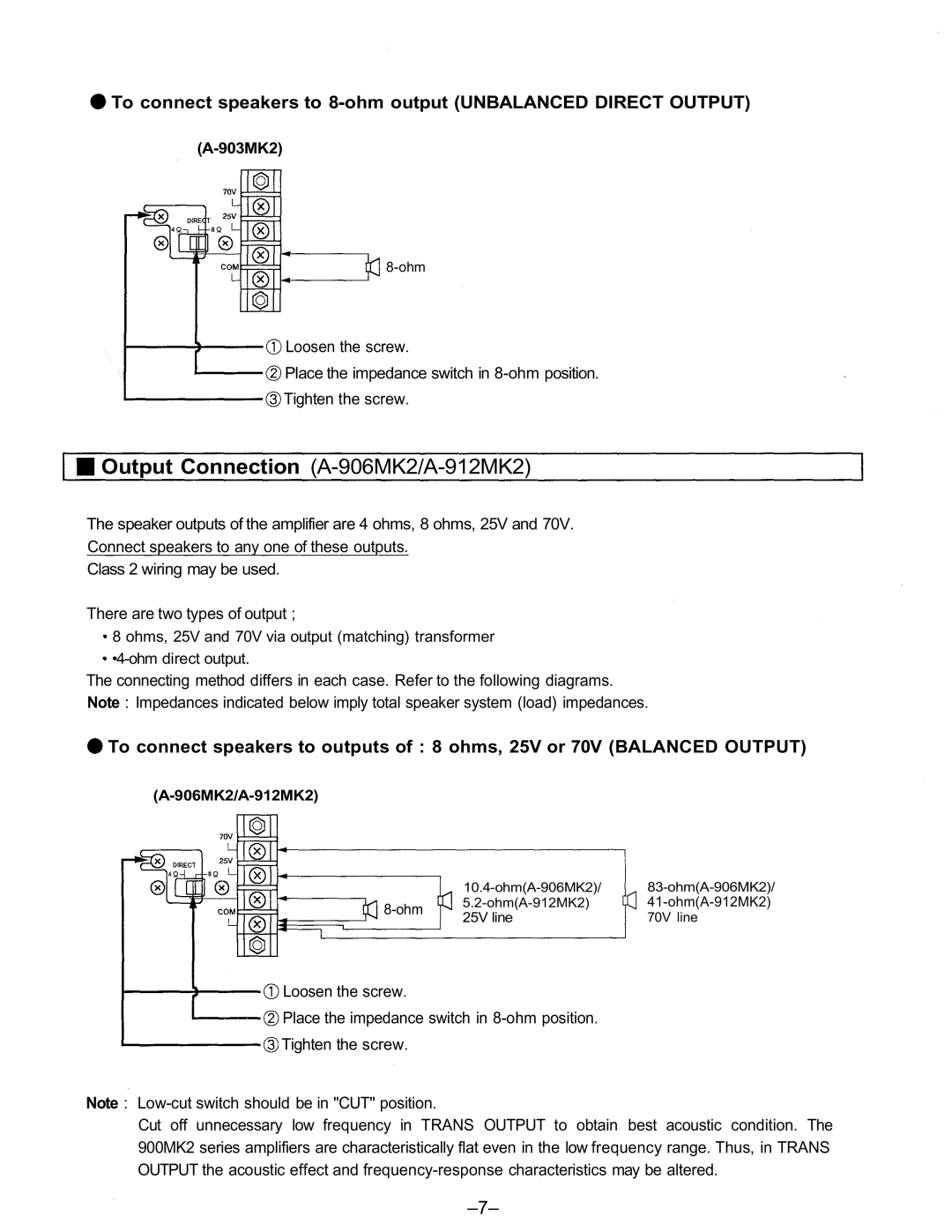 TOA Electronics A-903MK2 user service Output Connection A-906MK2/A-912MK2 