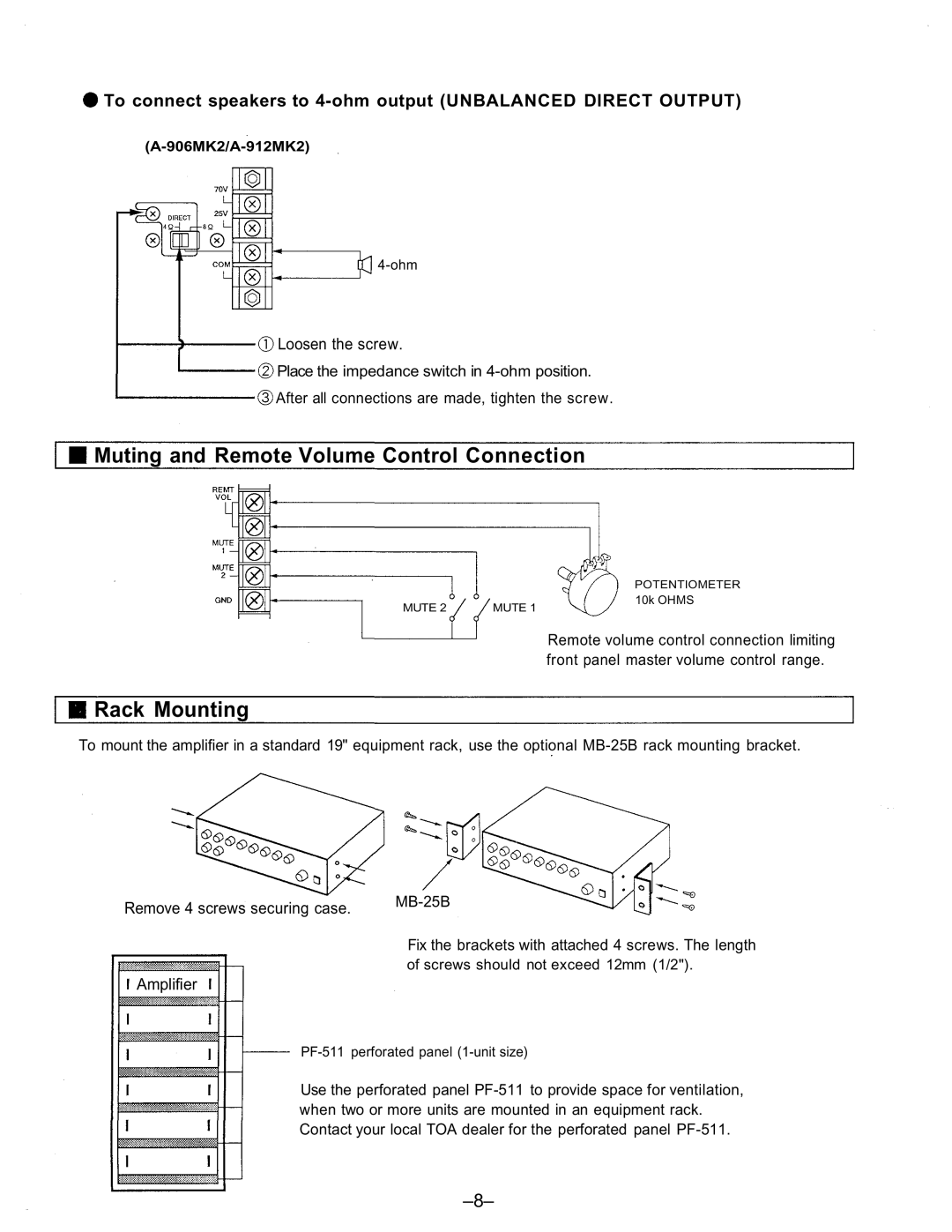 TOA Electronics A-912MK2, A-903MK2, A-906MK2 user service Rack Mounting, Remove 4 screws securing case, Amplifier 