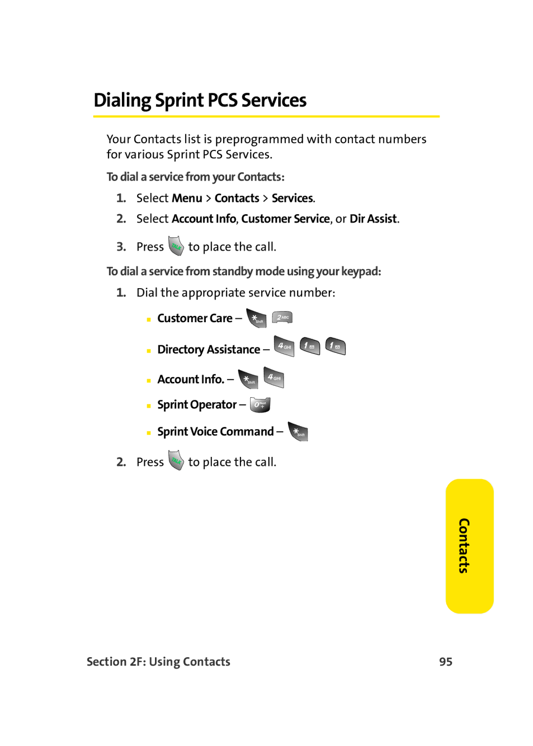 TOA Electronics A920 manual Dialing Sprint PCS Services, To dial a service from your Contacts 