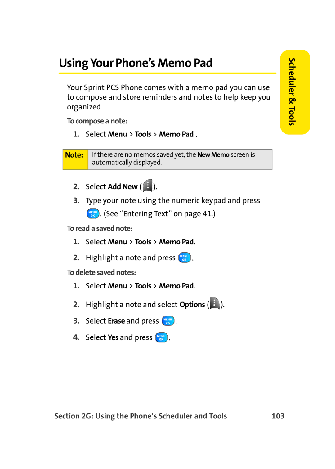 TOA Electronics A920 Using Your Phone’s Memo Pad, To compose a note, To read a saved note, To delete saved notes, 103 