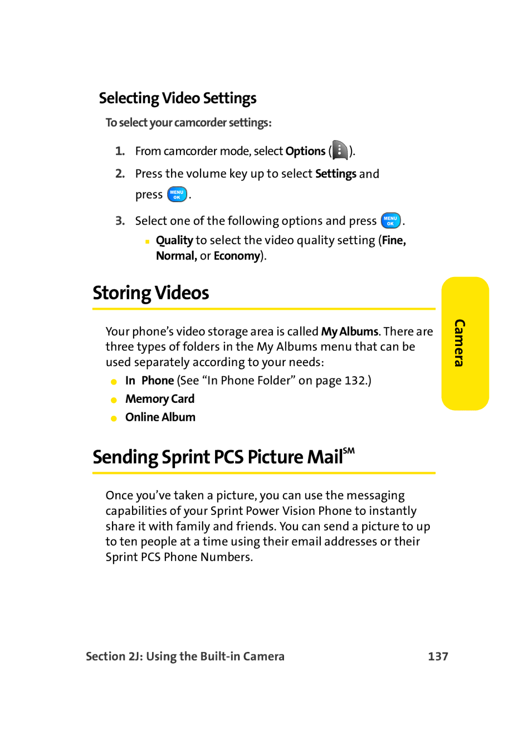 TOA Electronics A920 manual Storing Videos, Sending Sprint PCS Picture MailSM, Selecting Video Settings 