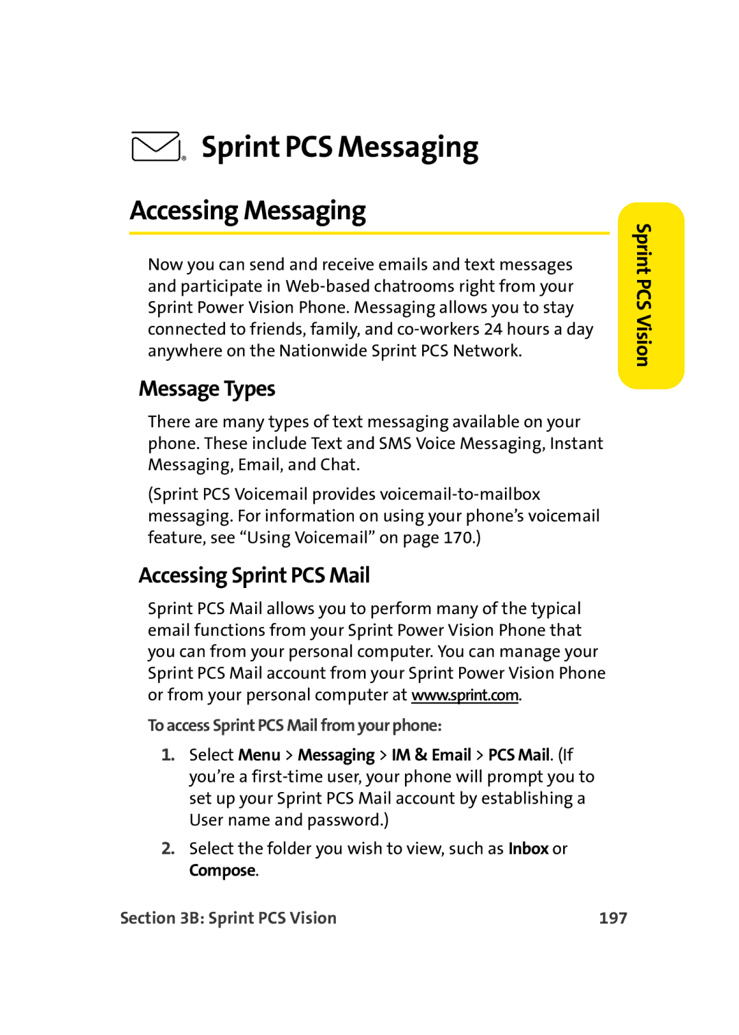 TOA Electronics A920 manual Sprint PCS Messaging, Accessing Messaging, Message Types, Accessing Sprint PCS Mail 