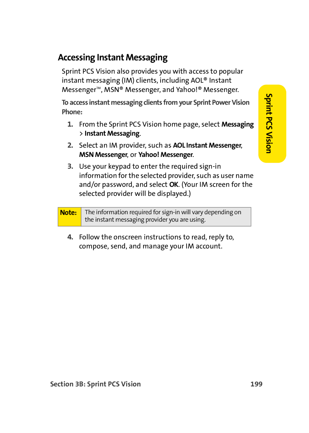 TOA Electronics A920 manual Accessing Instant Messaging, Sprint PCS Vision 199 