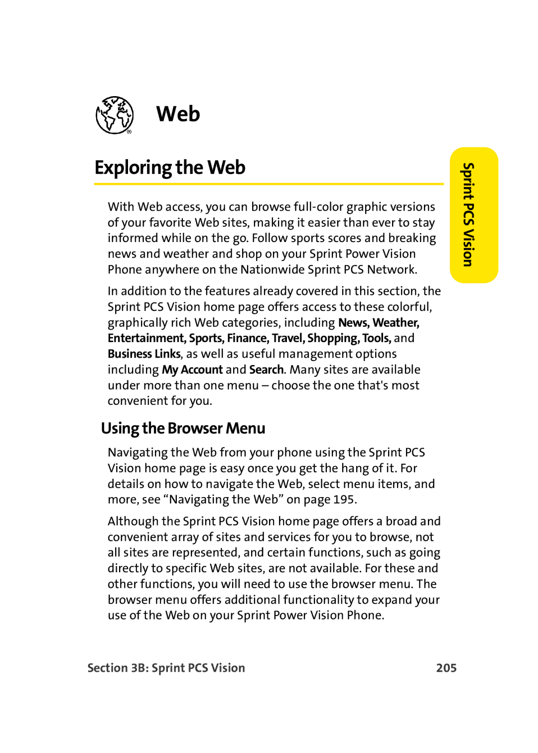 TOA Electronics A920 manual Exploring the Web, Using the Browser Menu, Sprint PCS Vision 205 