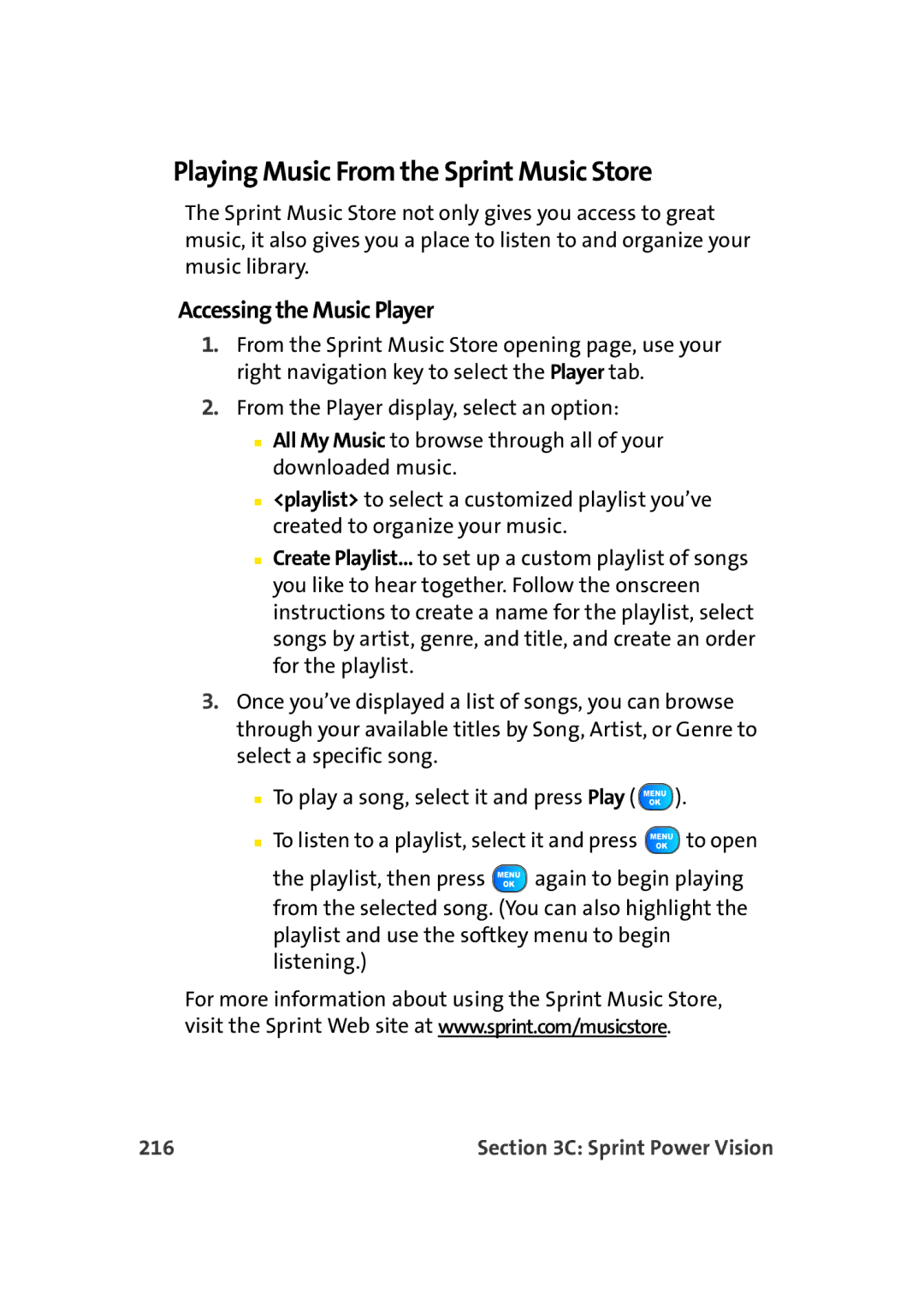 TOA Electronics A920 manual Playing Music From the Sprint Music Store, Accessing the Music Player, 216 