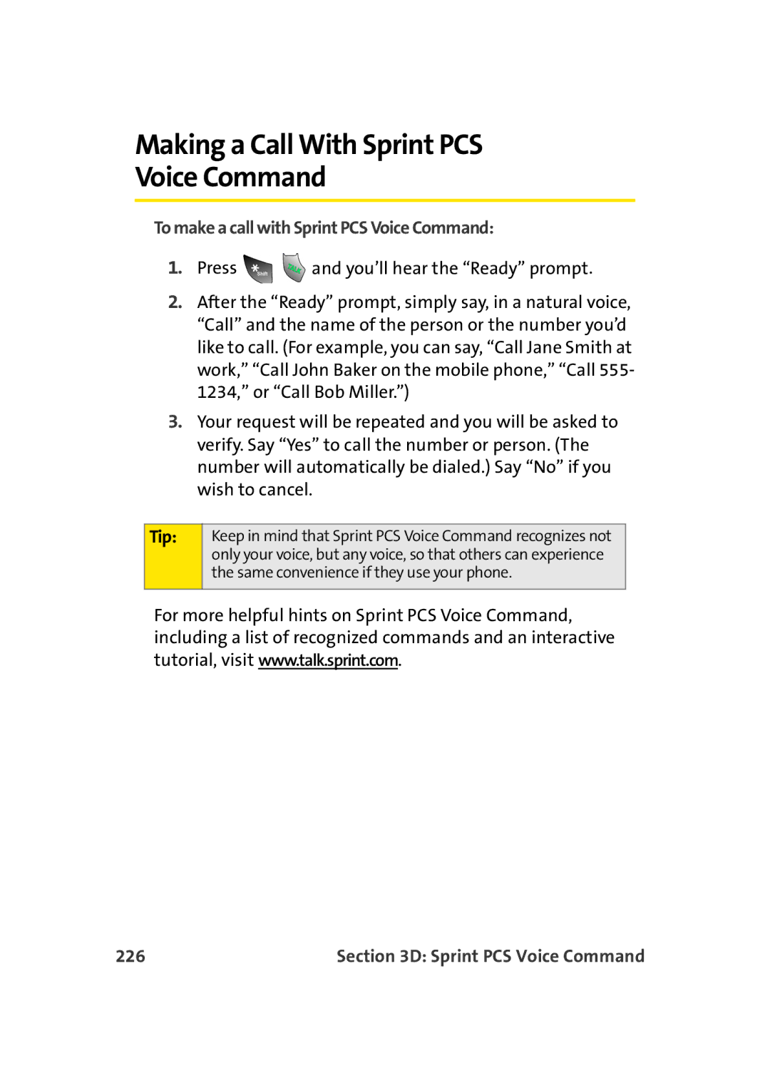 TOA Electronics A920 manual Making a Call With Sprint PCS Voice Command, To make a call with Sprint PCS Voice Command, 226 