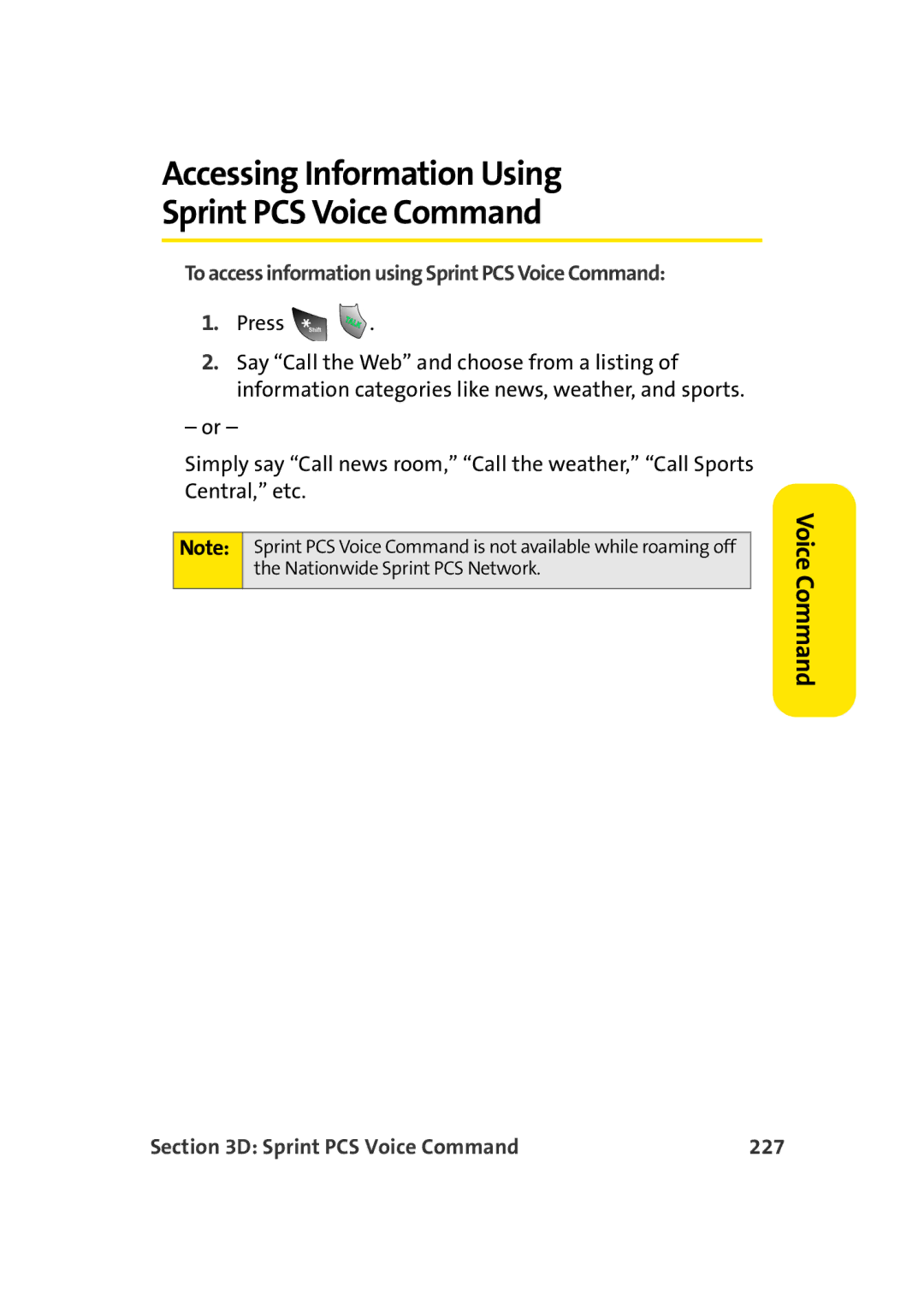 TOA Electronics A920 manual Accessing Information Using Sprint PCS Voice Command, Sprint PCS Voice Command 227 