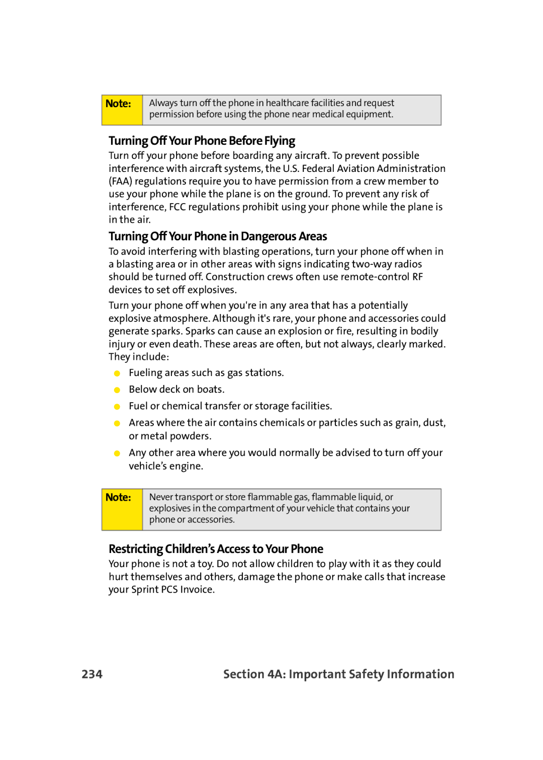 TOA Electronics A920 manual Turning Off Your Phone Before Flying, Turning Off Your Phone in Dangerous Areas, 234 