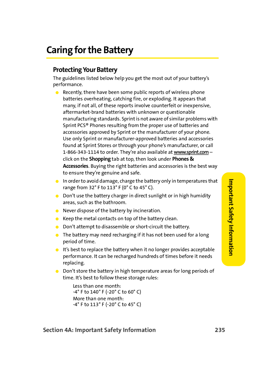 TOA Electronics A920 manual Caring for the Battery, Protecting Your Battery, Important Safety Information 235 