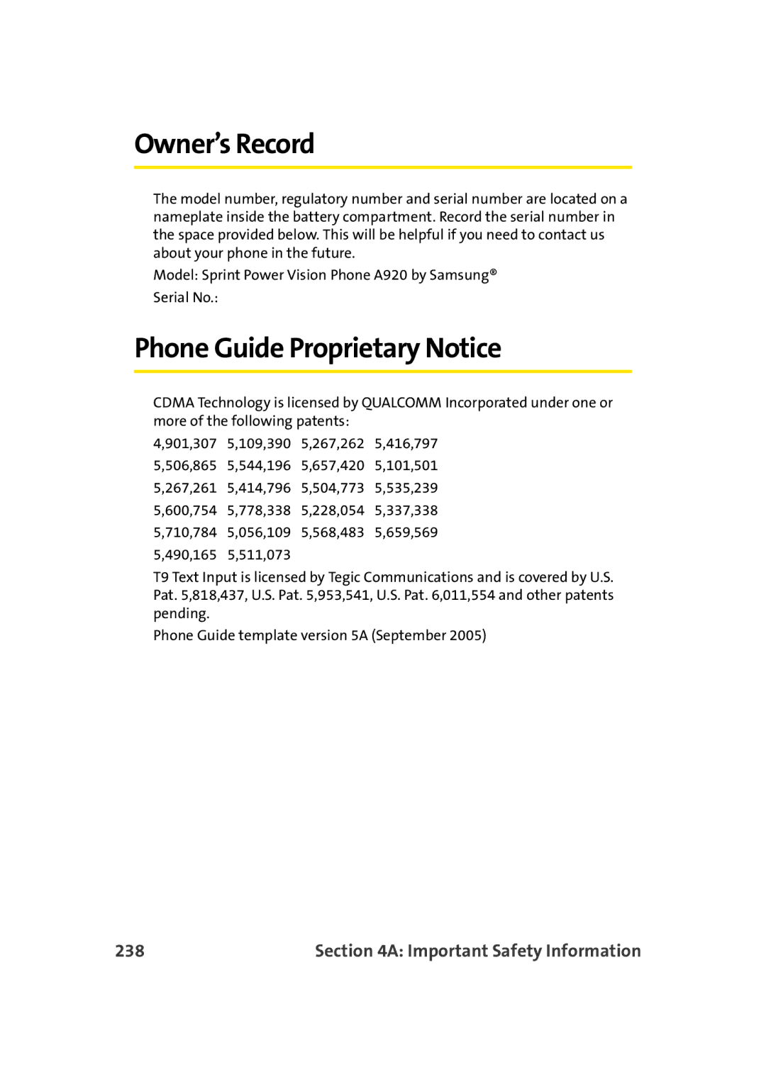 TOA Electronics A920 manual Owner’s Record, Phone Guide Proprietary Notice, 238 