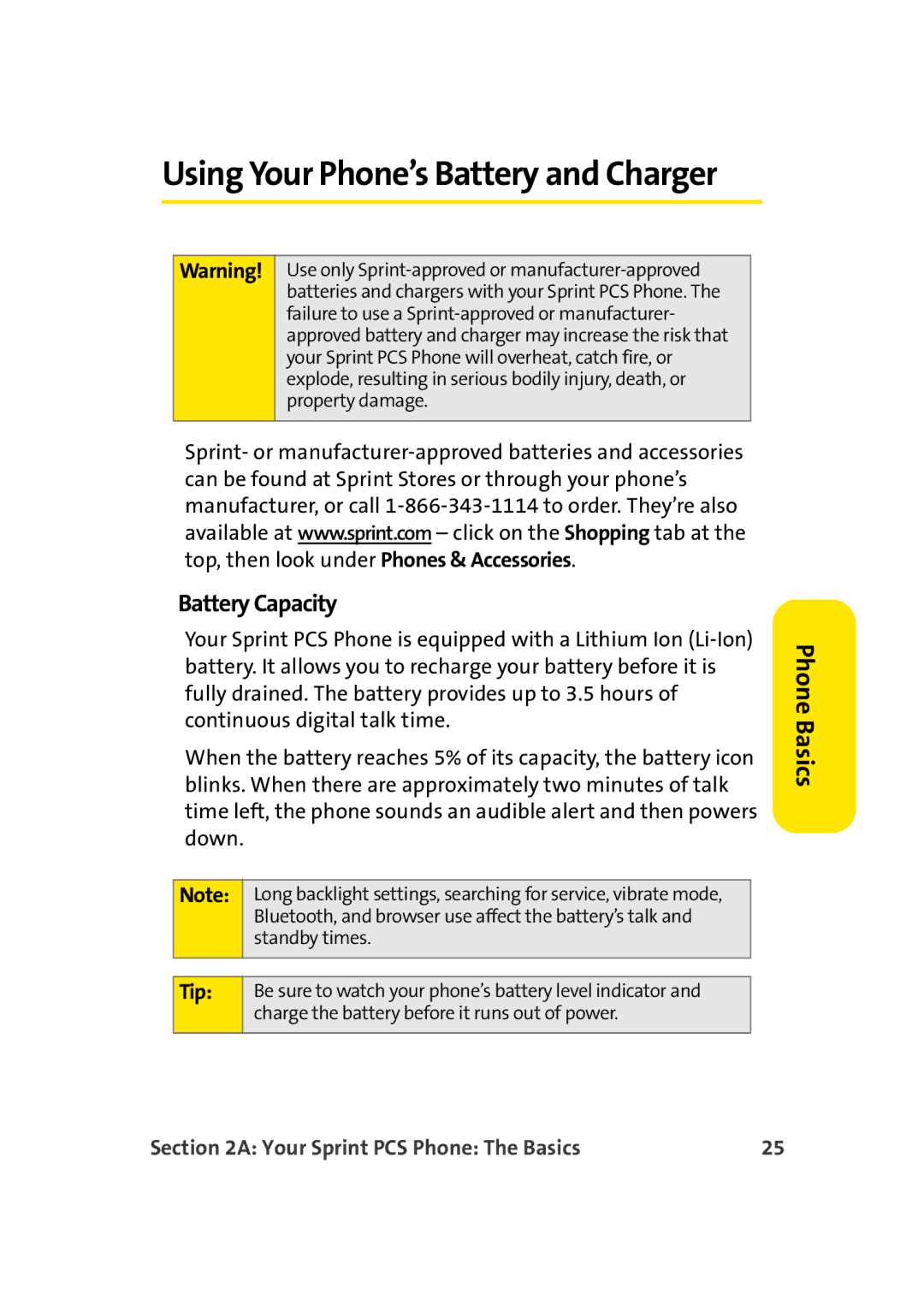 TOA Electronics A920 manual Using Your Phone’s Battery and Charger, Battery Capacity 