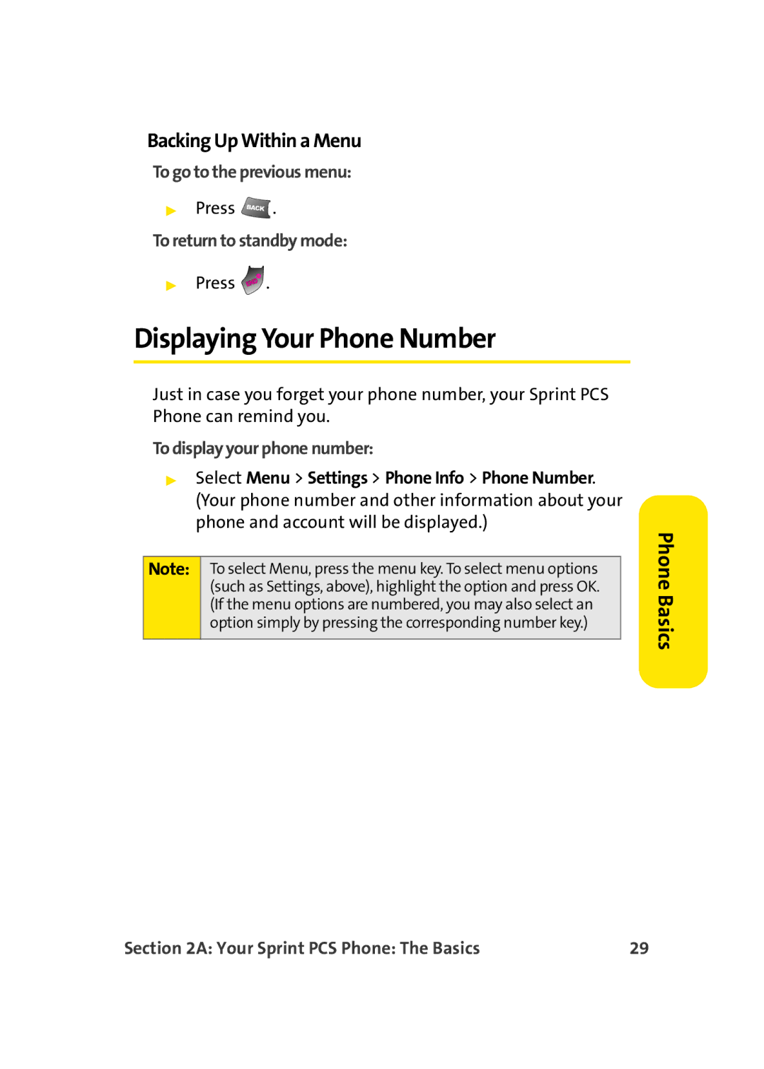 TOA Electronics A920 manual Displaying Your Phone Number, Backing Up Within a Menu, To go to the previous menu 