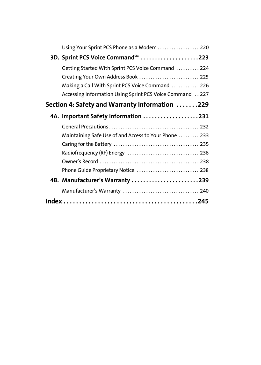 TOA Electronics A920 Safety and Warranty Information, 3D. Sprint PCS Voice CommandSM, 4A. Important Safety Information 