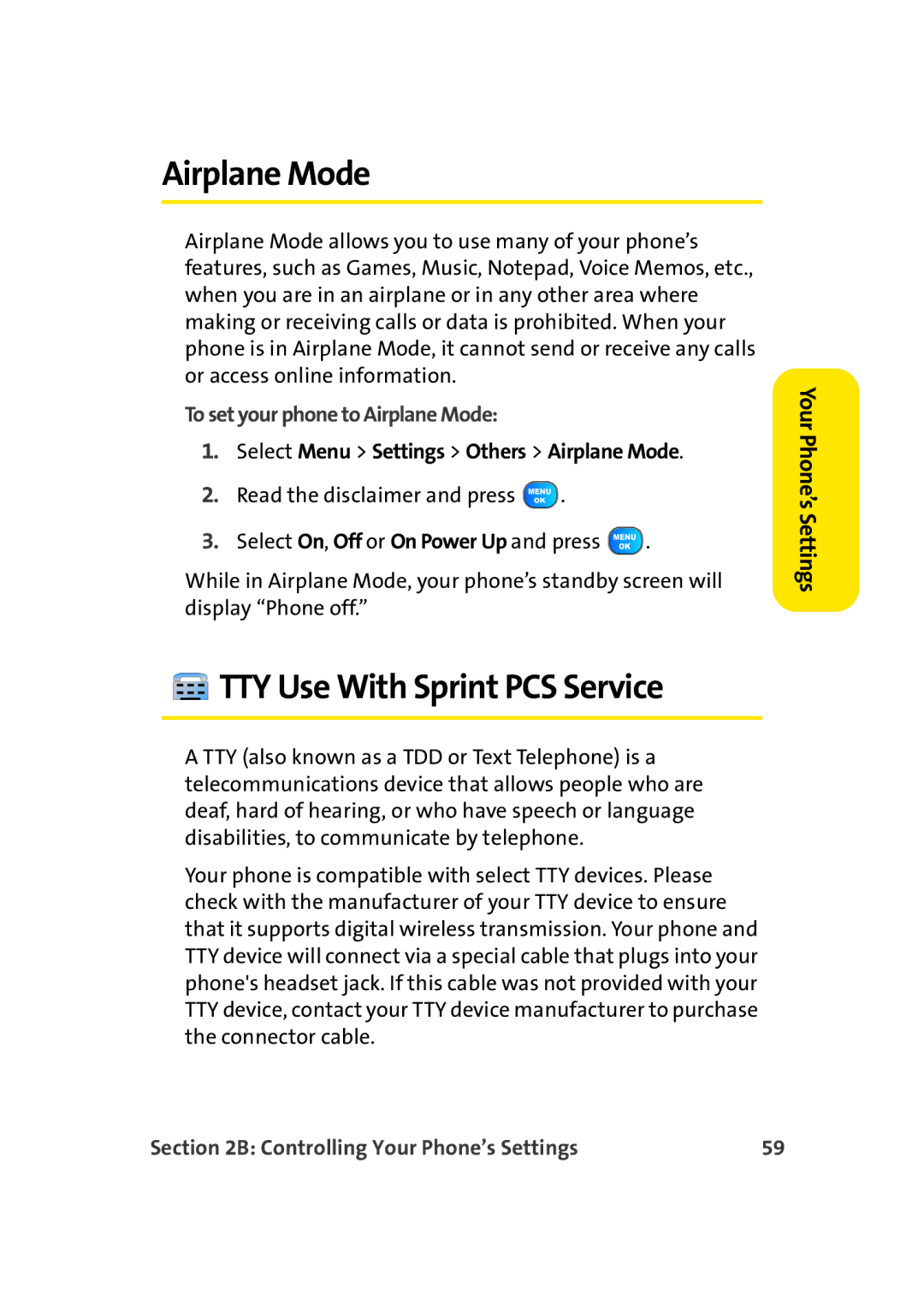 TOA Electronics A920 manual TTY Use With Sprint PCS Service, To set your phone to Airplane Mode 