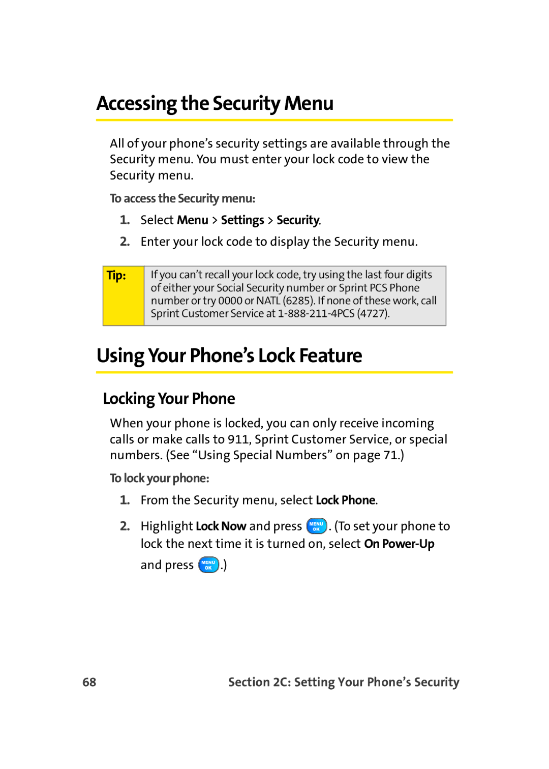 TOA Electronics A920 Accessing the Security Menu, Using Your Phone’s Lock Feature, Locking Your Phone, To lock your phone 