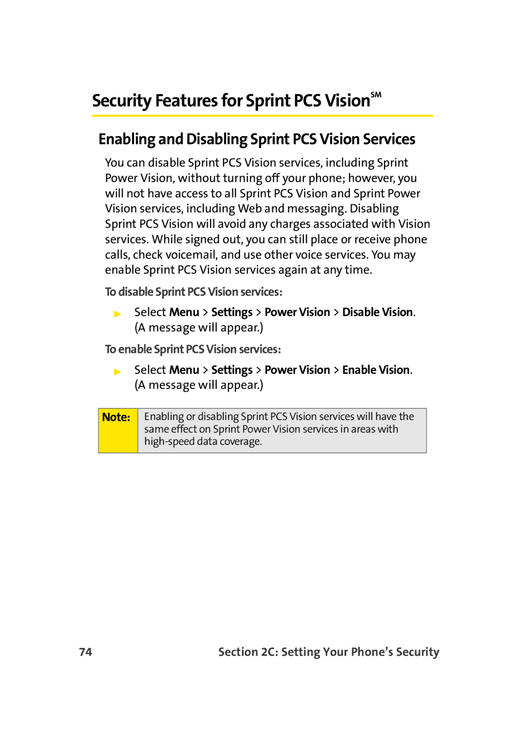 TOA Electronics A920 manual Enabling and Disabling Sprint PCS Vision Services, To disable Sprint PCS Vision services 