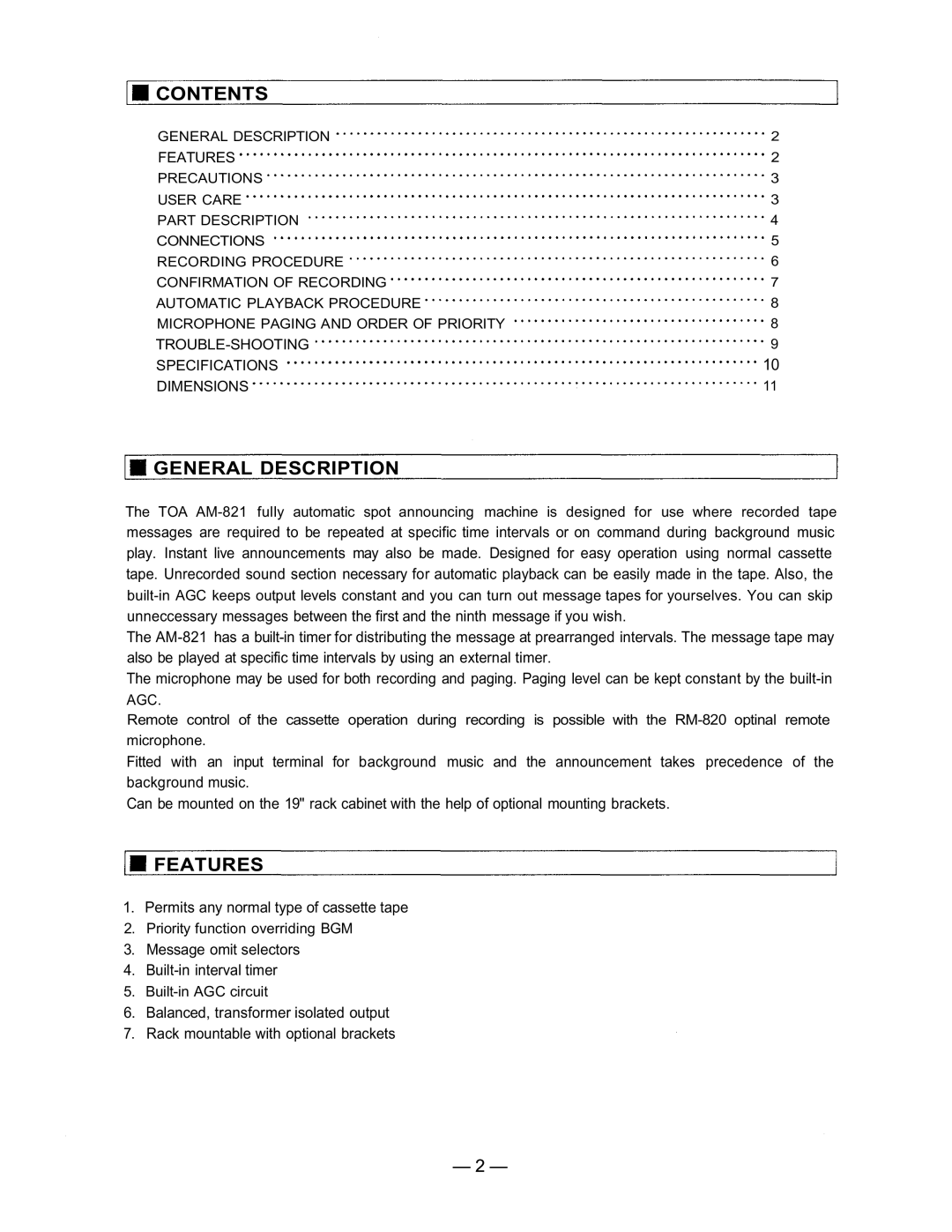 TOA Electronics AM-821 instruction manual Contents, General Description, Features 