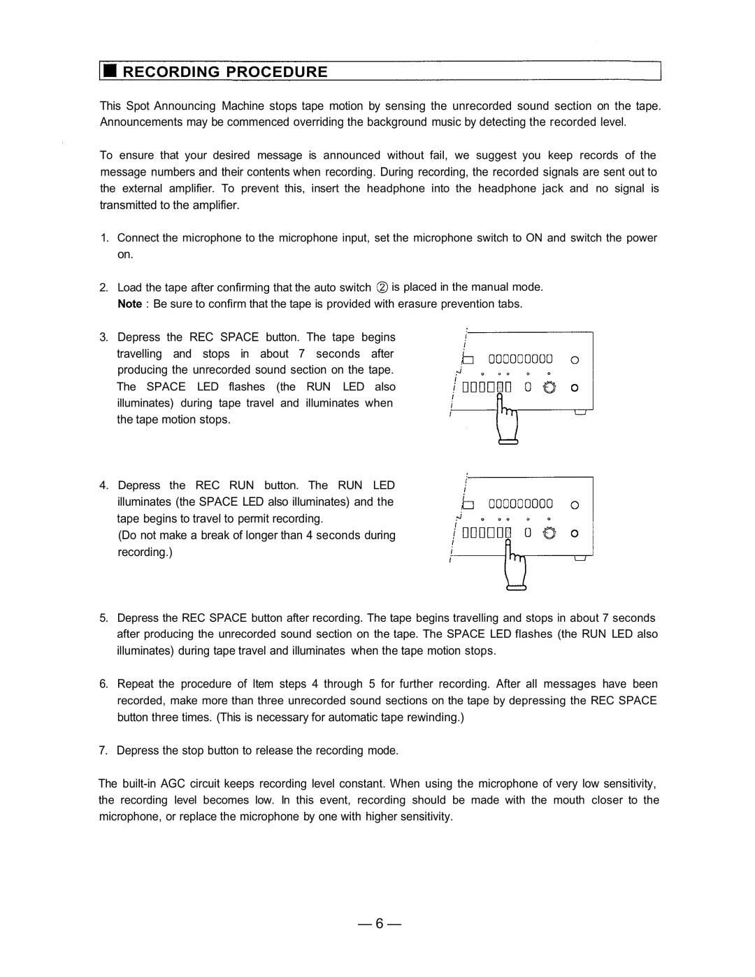 TOA Electronics AM-821 instruction manual Recording Procedure, transmitted to the amplifier 