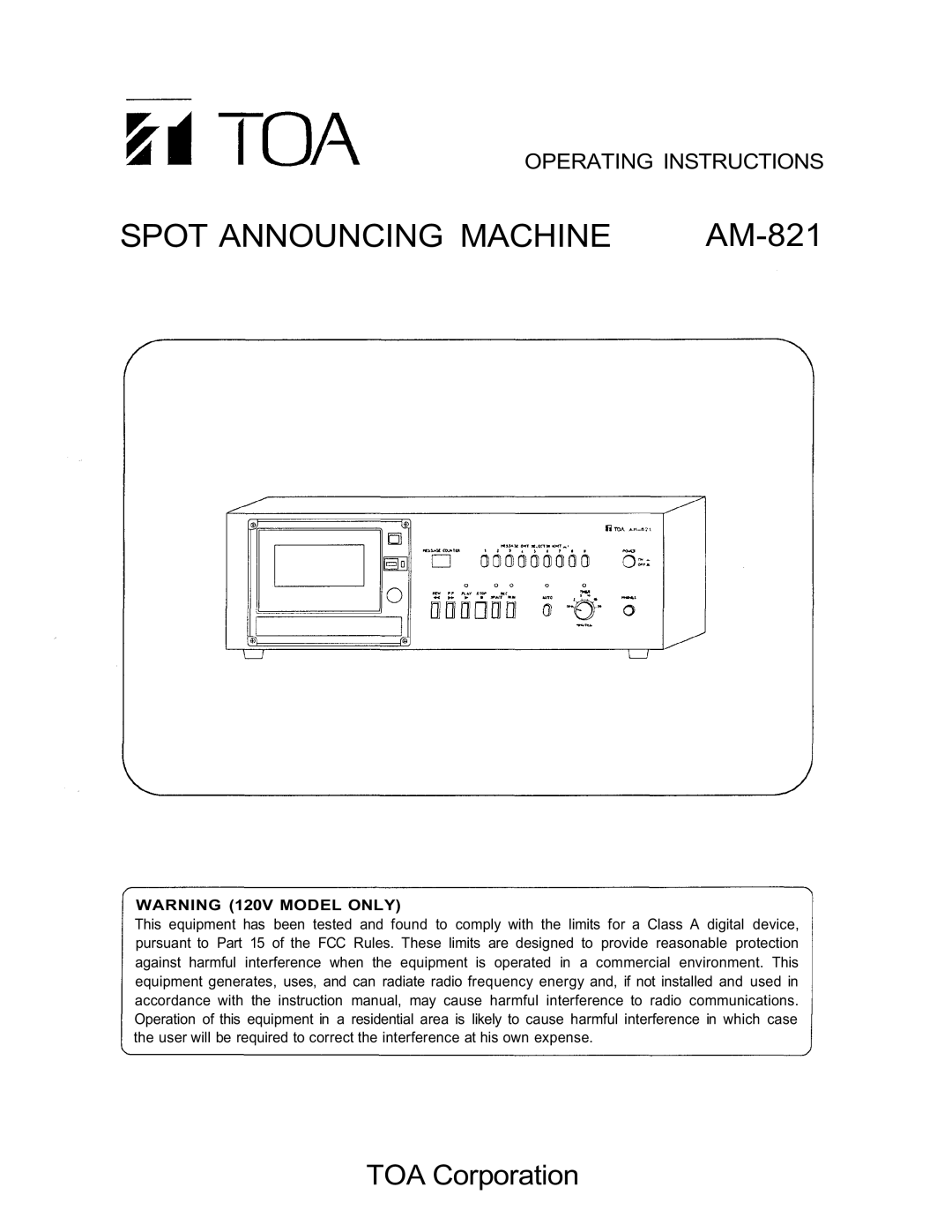 TOA Electronics AM-821 instruction manual Spot Announcing Machine 