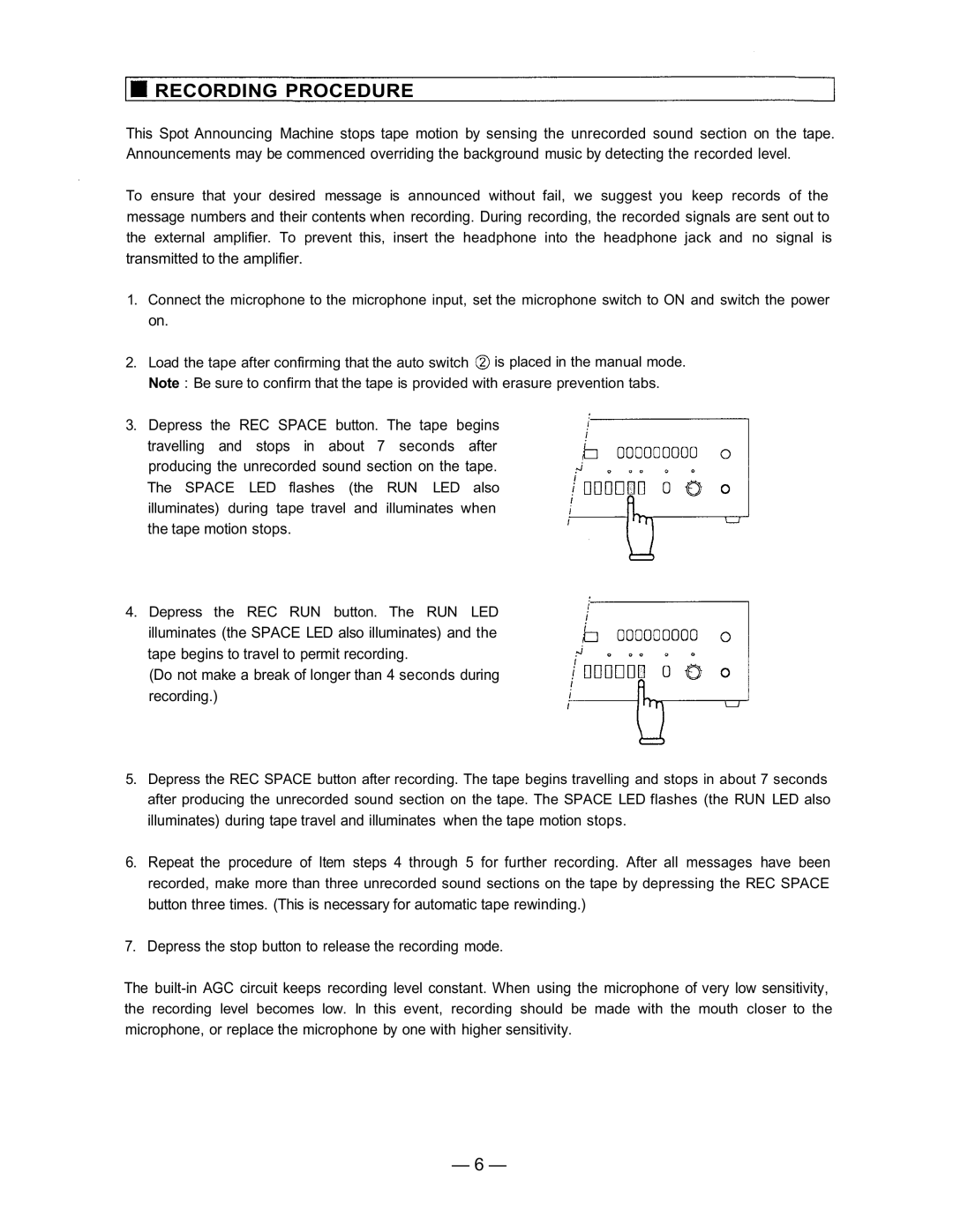 TOA Electronics AM-821 instruction manual Recording Procedure, Transmitted to the amplifier 