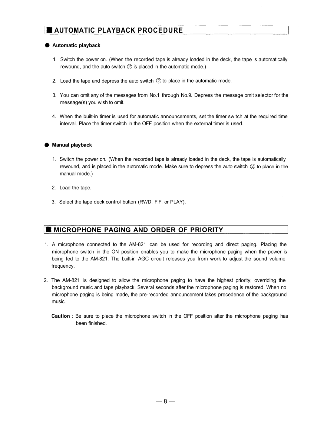 TOA Electronics AM-821 instruction manual Microphone Paging and Order of Priority, Manual mode 