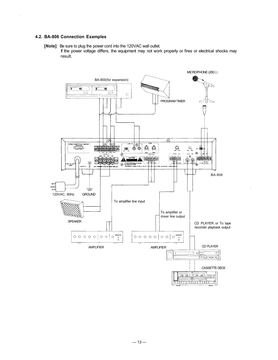 TOA Electronics BA-800 manual BA-806 Connection Examples, Microphone 