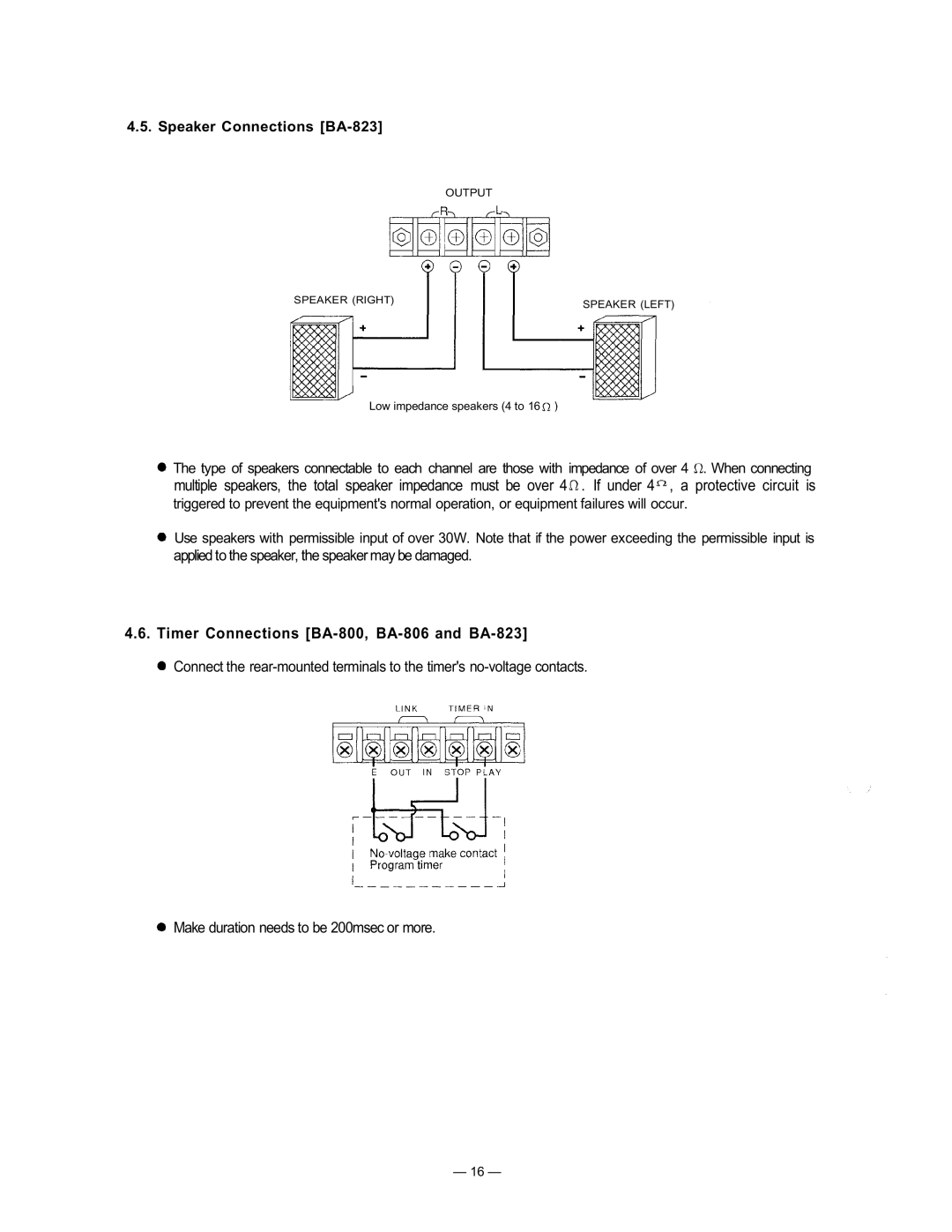 TOA Electronics manual Timer Connections BA-800, BA-806 and BA-823, Speaker Connections BA-823 