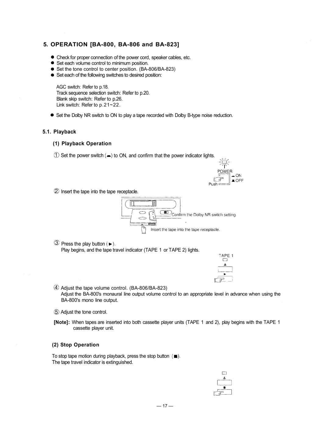 TOA Electronics manual Operation BA-800, BA-806 and BA-823, Playback Operation, Stop Operation 