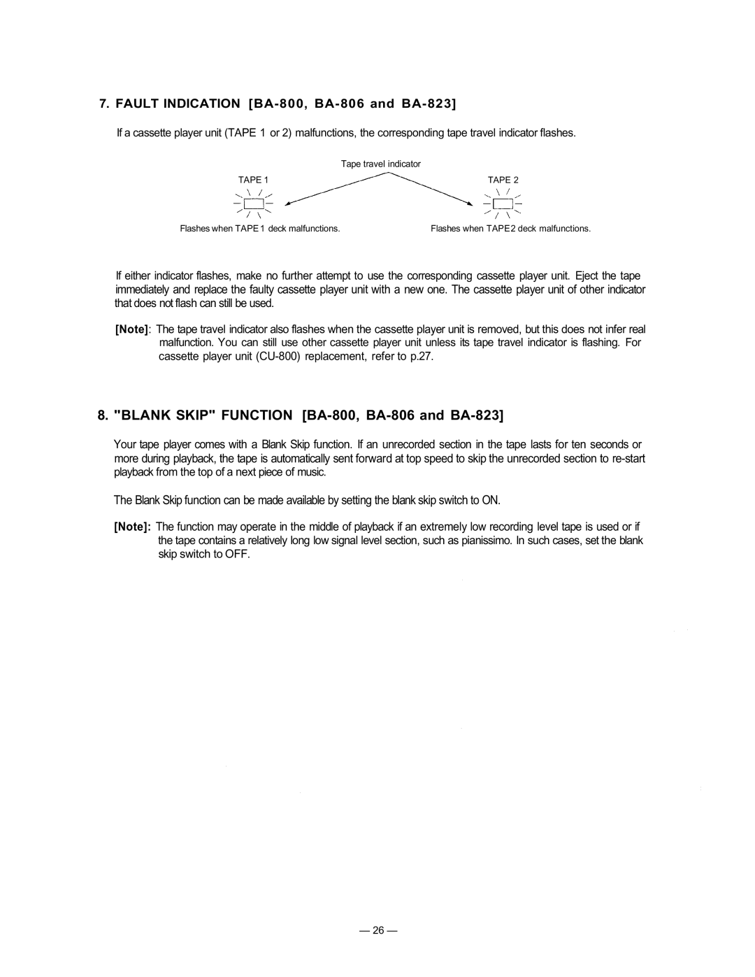 TOA Electronics manual Blank Skip Function BA-800, BA-806 and BA-823, Fault Indication BA-800, BA-806 and BA-823 