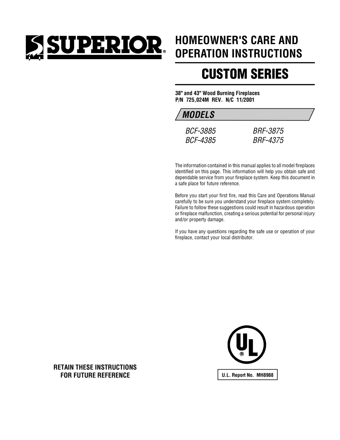 TOA Electronics BCF-3885 manual Custom Series, Retain These Instructions For Future Reference 